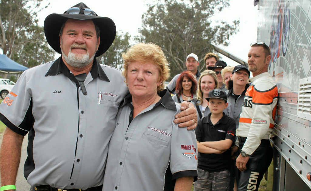 Harley Davidson owners Larry and Kay Kolb with their crew. 